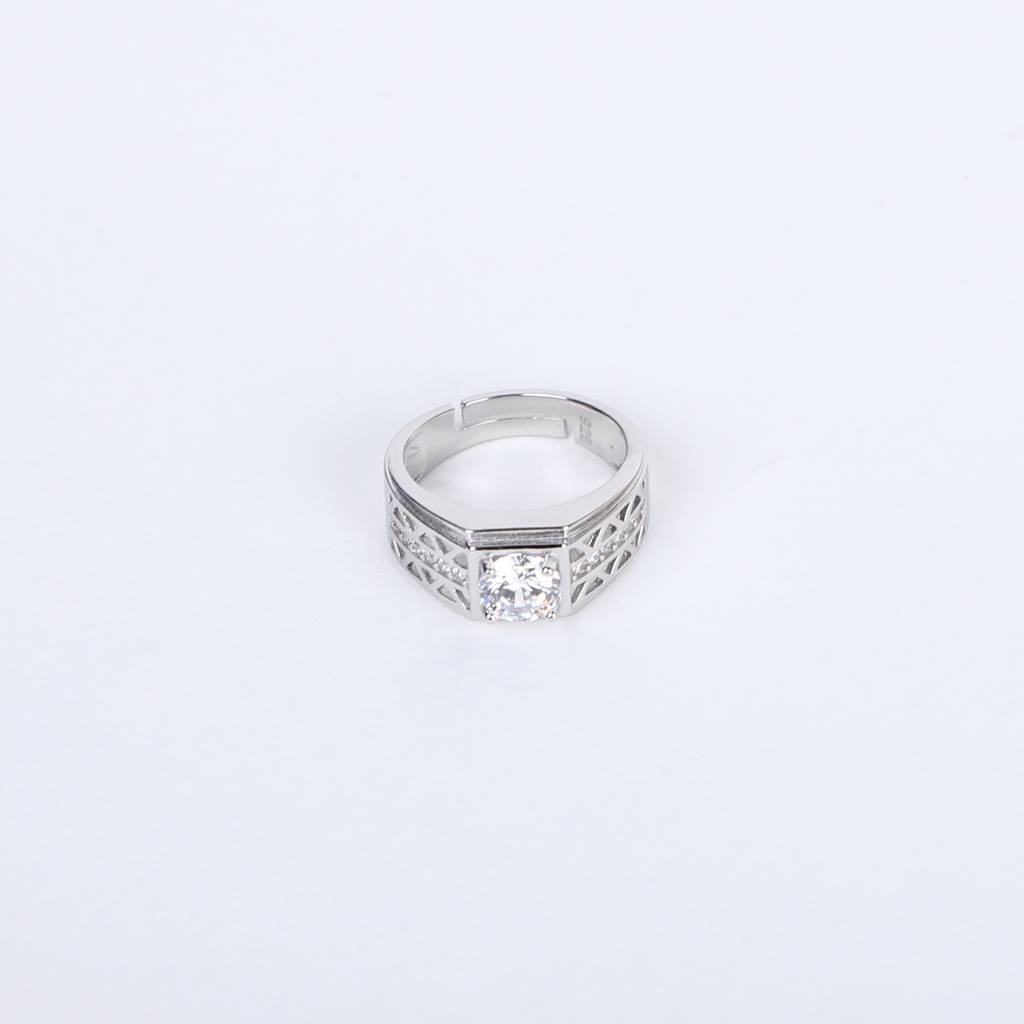 Men'S Luxury Silver Ring With Geometric Detailing & Brilliant Center Stone : RN-SL-10448-1-M