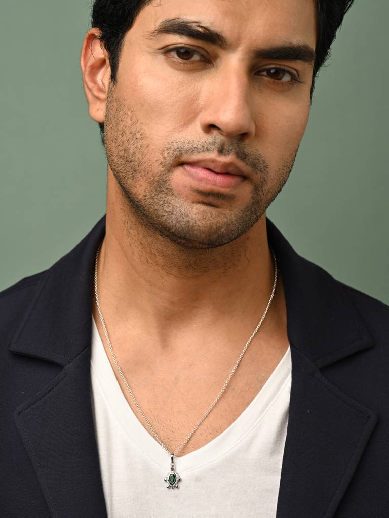 925 Silver Platinum Plated Swiss Zircon Lucky Tortoise Turtle Men Pendant Necklace With Chain Gift For Men & Boys : CSMNP16