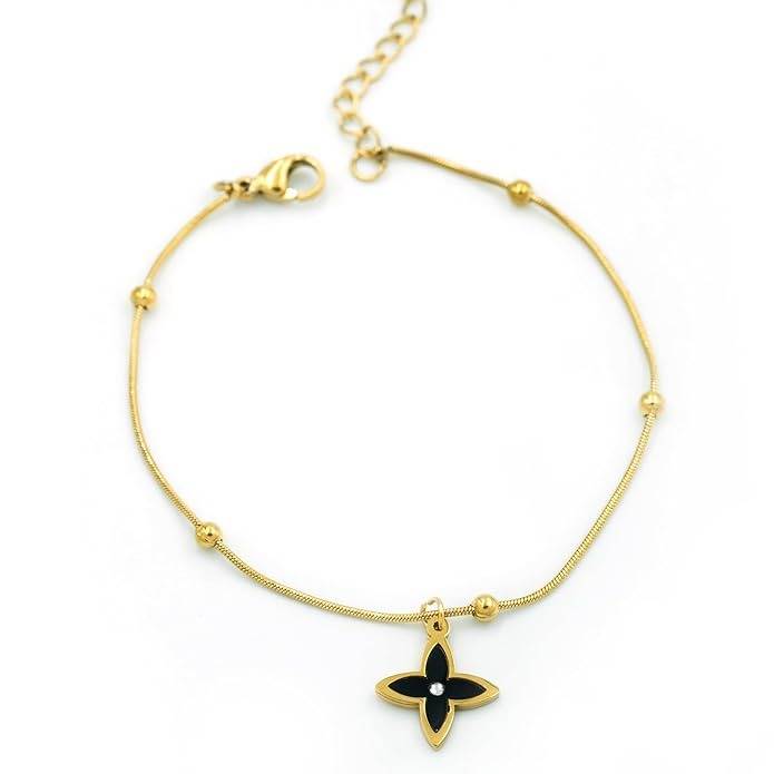 Gold Plated Anti Tarnish Black Clover Charm Bracelet For Women : HSPS60MB0907