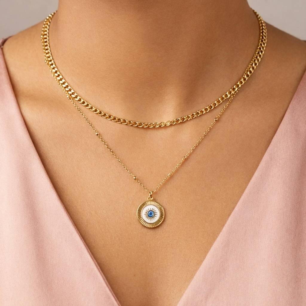 Classic Evil Eye Medallion Layered Anti-Tarnish Necklace For Women : HSPS60MB1787