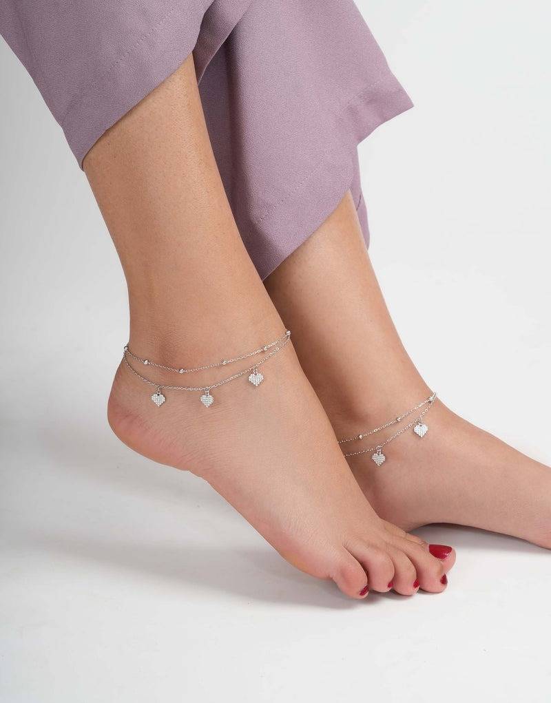 Link Chain & Heart Charms Sterling Silver Anklet : ANK-10028-1-R