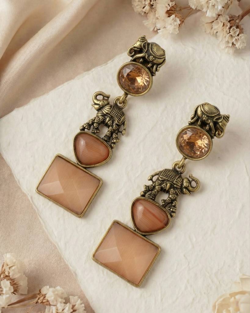 Antique Gold Elephant Design Long Drop Earrings : N106Orange