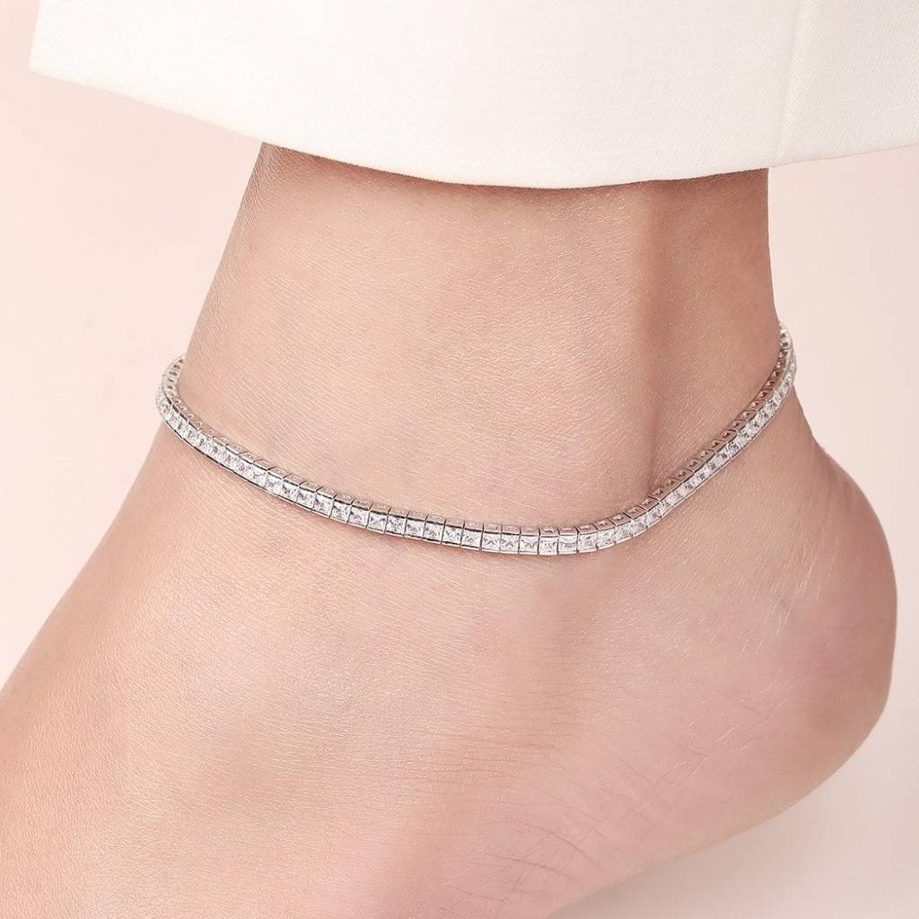 Elegance Cz Rhodium Plated 925 Sterling Silver Anklet : ANK-60367-PAIR-R