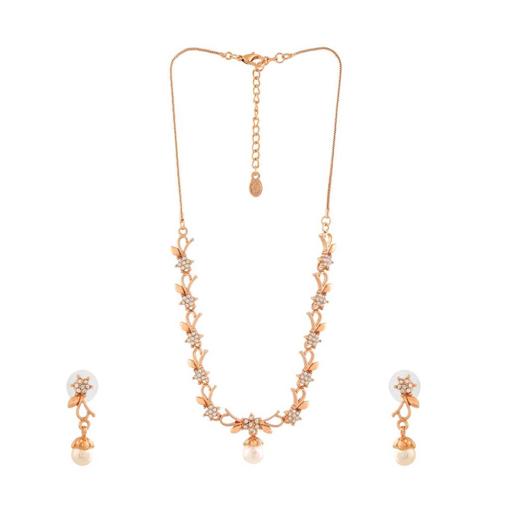 Estele Rose Gold Plated Elegant Blossom Designer Necklace Set With White Pearl For Women