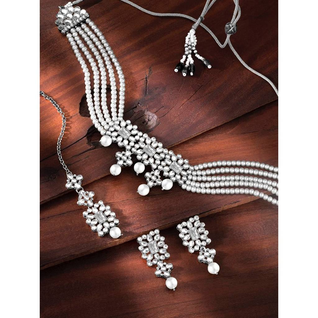 Peora Ethnic Indian Traditional Kundan Studded Necklace & Jewellery Set Gift For Women Girls : PF37N224RW