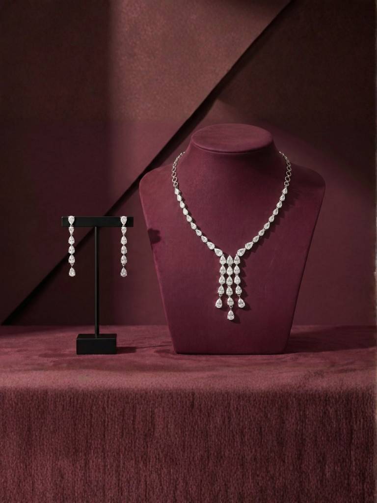 Rhodium-Plated White Ad & Cubic Zirconia Studded Premium Necklace Jewellery Set : VI25JSAD1000028