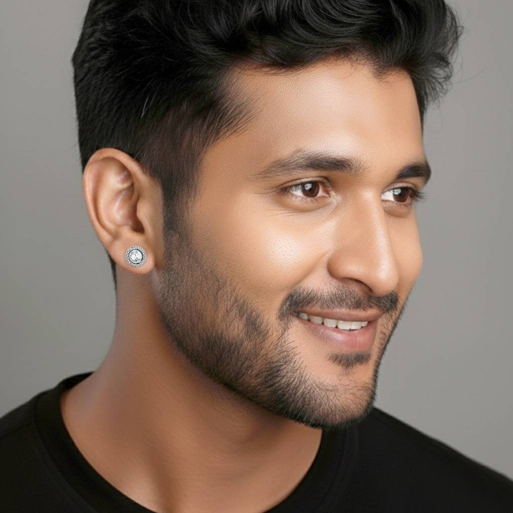 Silver Plated American Diamond Studded Stud Earings Stylish Design Fashion Jewellery For Men & Boys (Px9Me36) : PX9ME36