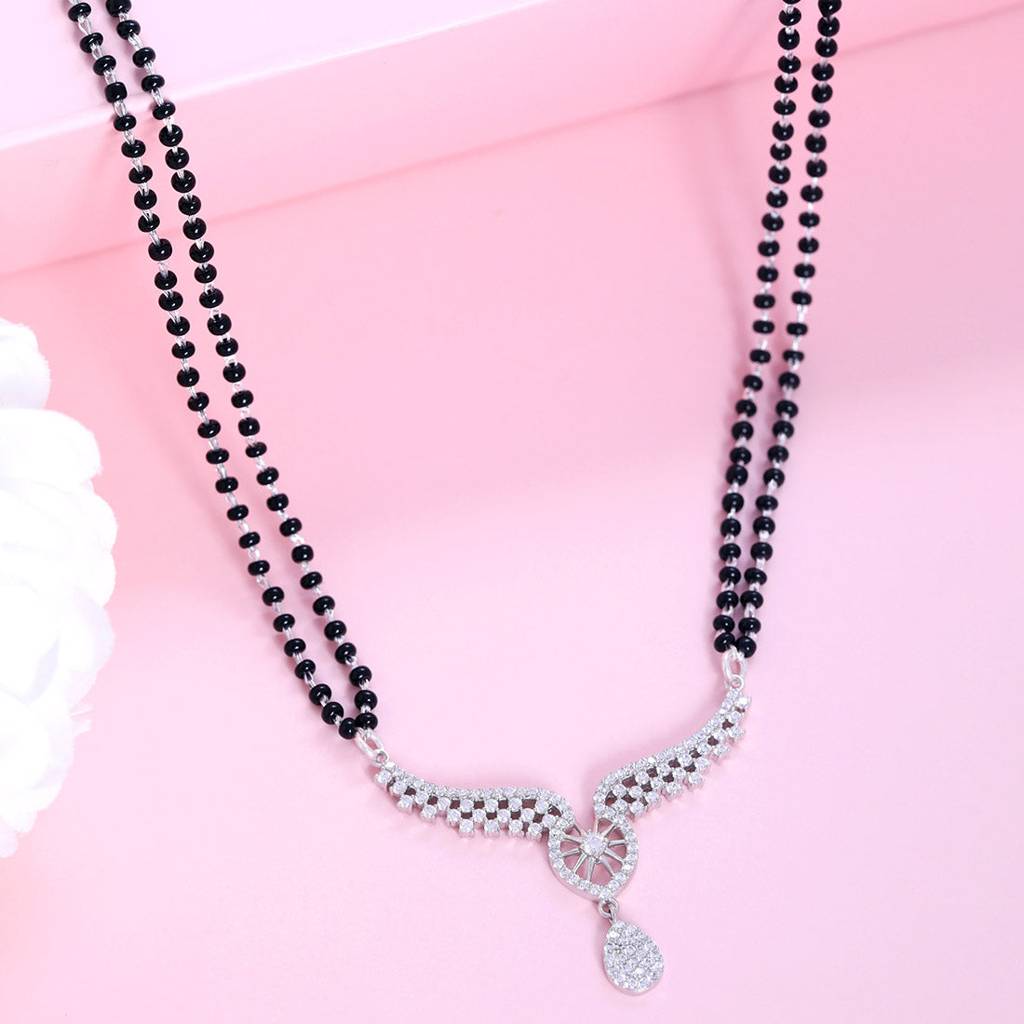 Double Layered Wings Rhodium Plated 925 Sterling Silver Mangalsutra : MGS-10092-C-R