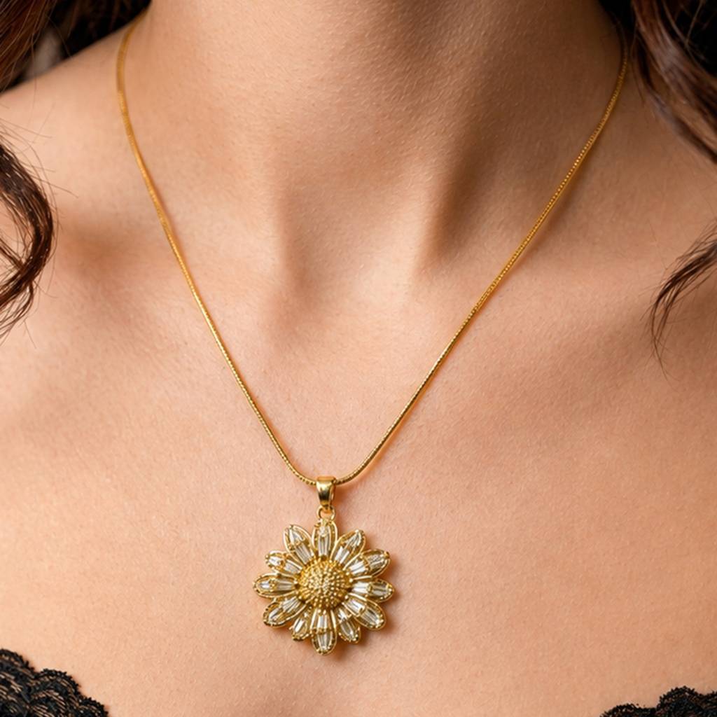 Sunflower Sparkle Gold Anti-Tarnish Pendant Necklace For Women : JW-HSPS60MB2054