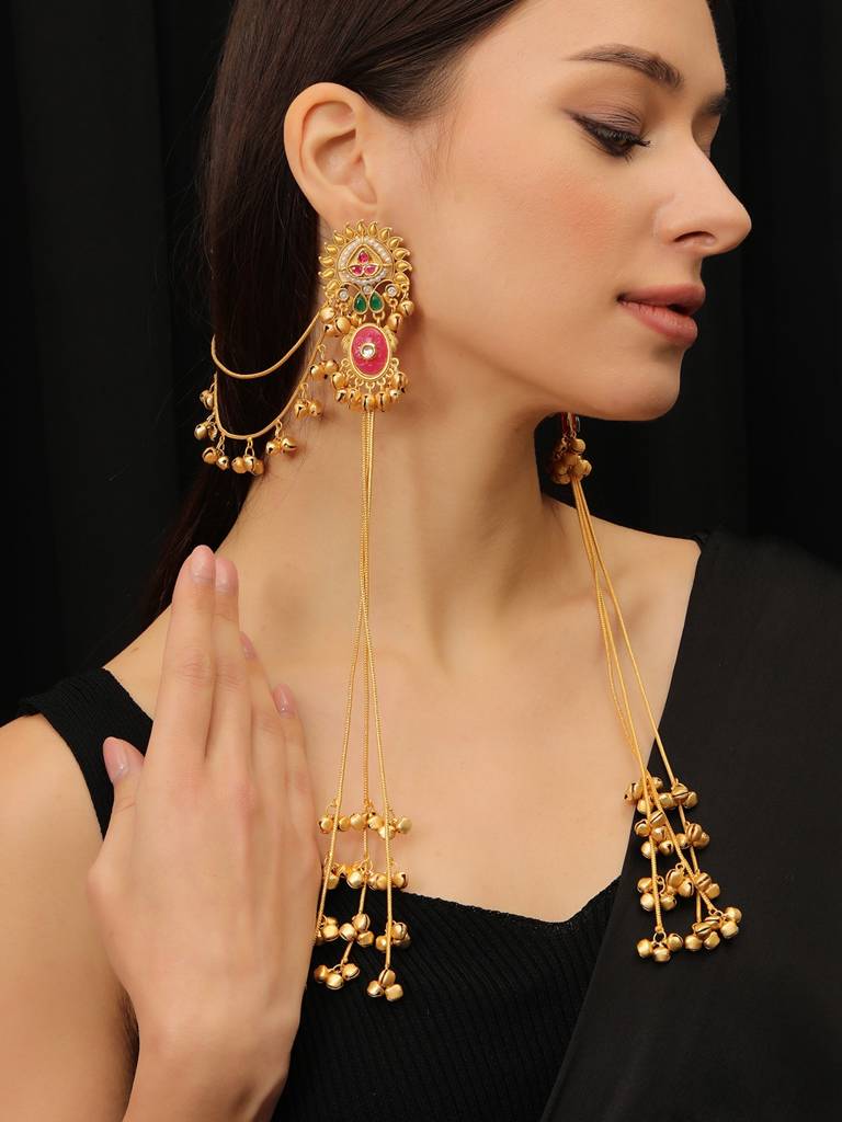 Premium Gold Plated Kundan Stone Studded Kashmiri Ear Chain Drop Earrings : VI25EROX100171