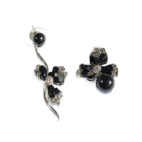 Black Crystal Cluster With  Anti-Tarnish Pearl Stone Earrings For Women : HSPS60MB1370