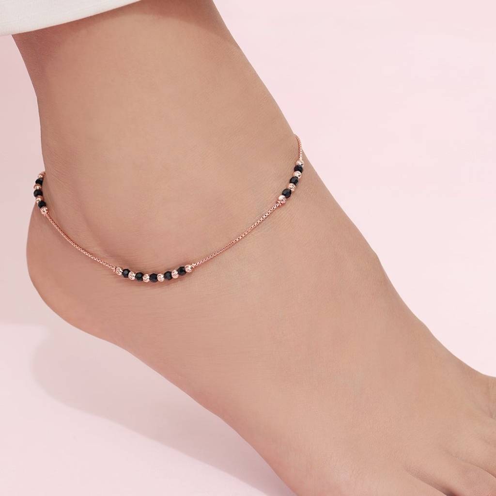 Raven Radiance Black Beads Rose Gold-Plated 925 Sterling Silver Adjustable Chain Anklet : ANK-60401-PAIR-RG