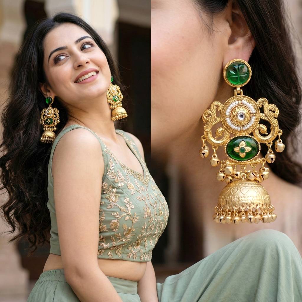 Traditional Gold Plated Green Stone Jhumka Earrings With Ghungroo : 816-KEG-24903-S-G
