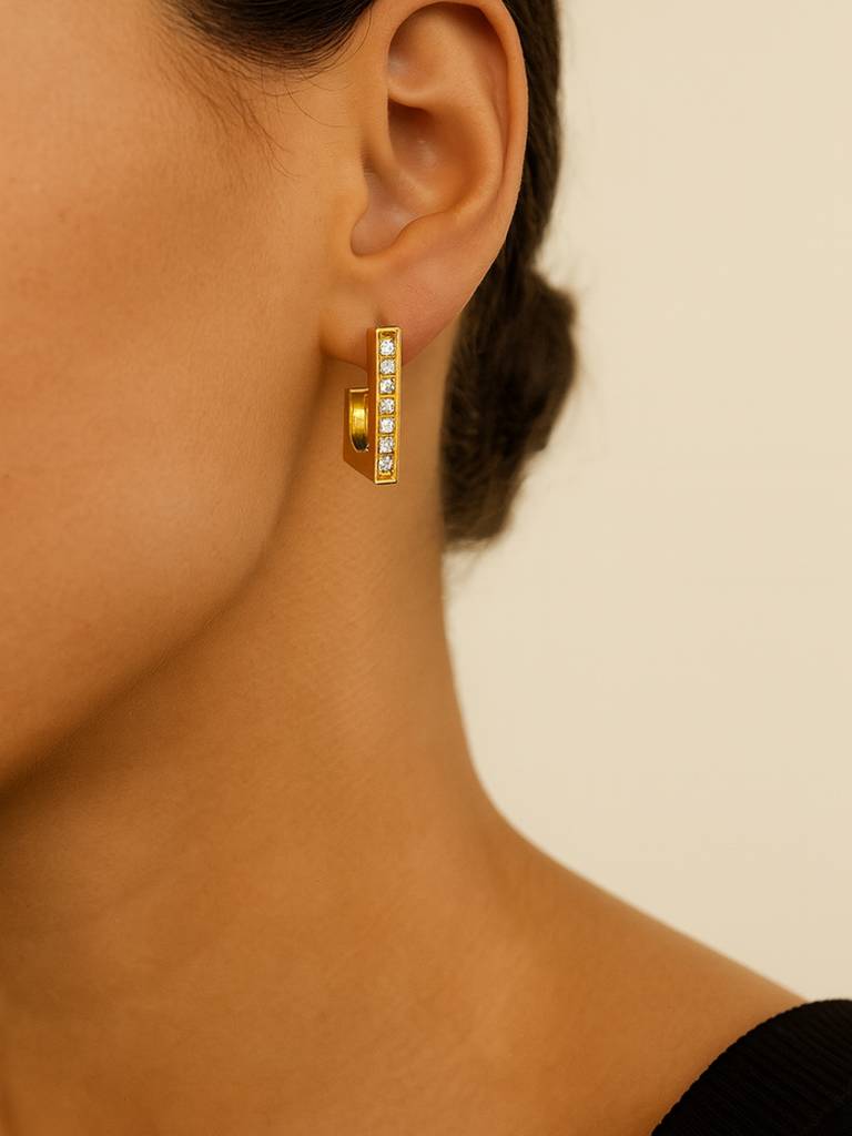 Square Studded Gold Half Hoop Earrings Â 18K Gold Plated Cz : ATE608SSHH