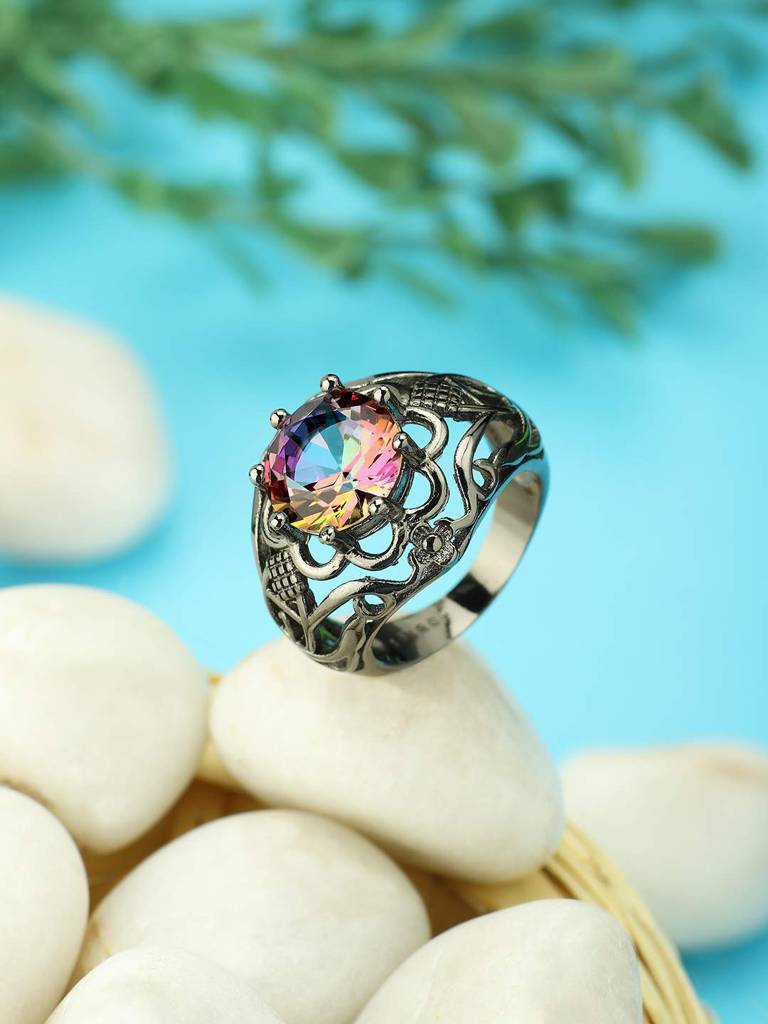 Round Cut Black Gold Mystic Big Rainbow Topaz Solitaire Ring Engagement Wedding For Women (8.0) : PX9R25-8