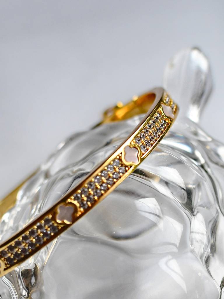 Mop Clover Studded Bracelet Â Elegant Gold Bangle With Mother Of Pearl & Ad Accents : ATB538MCSB