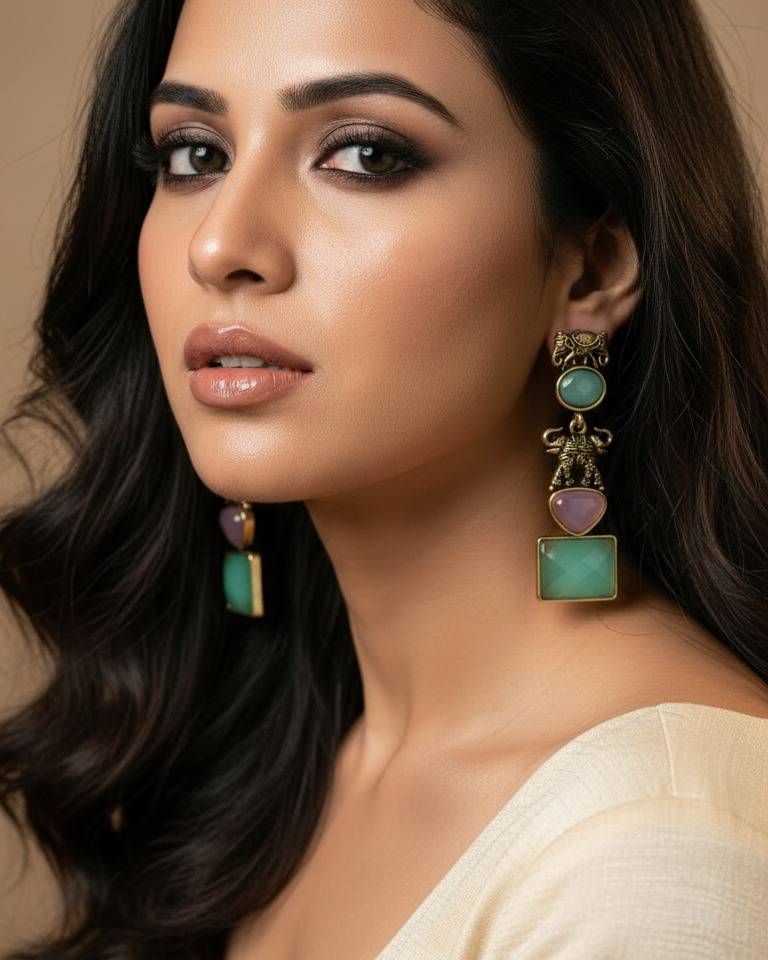 Antique Gold Elephant Design Long Drop Earrings : ORP106Light(GreenPink)