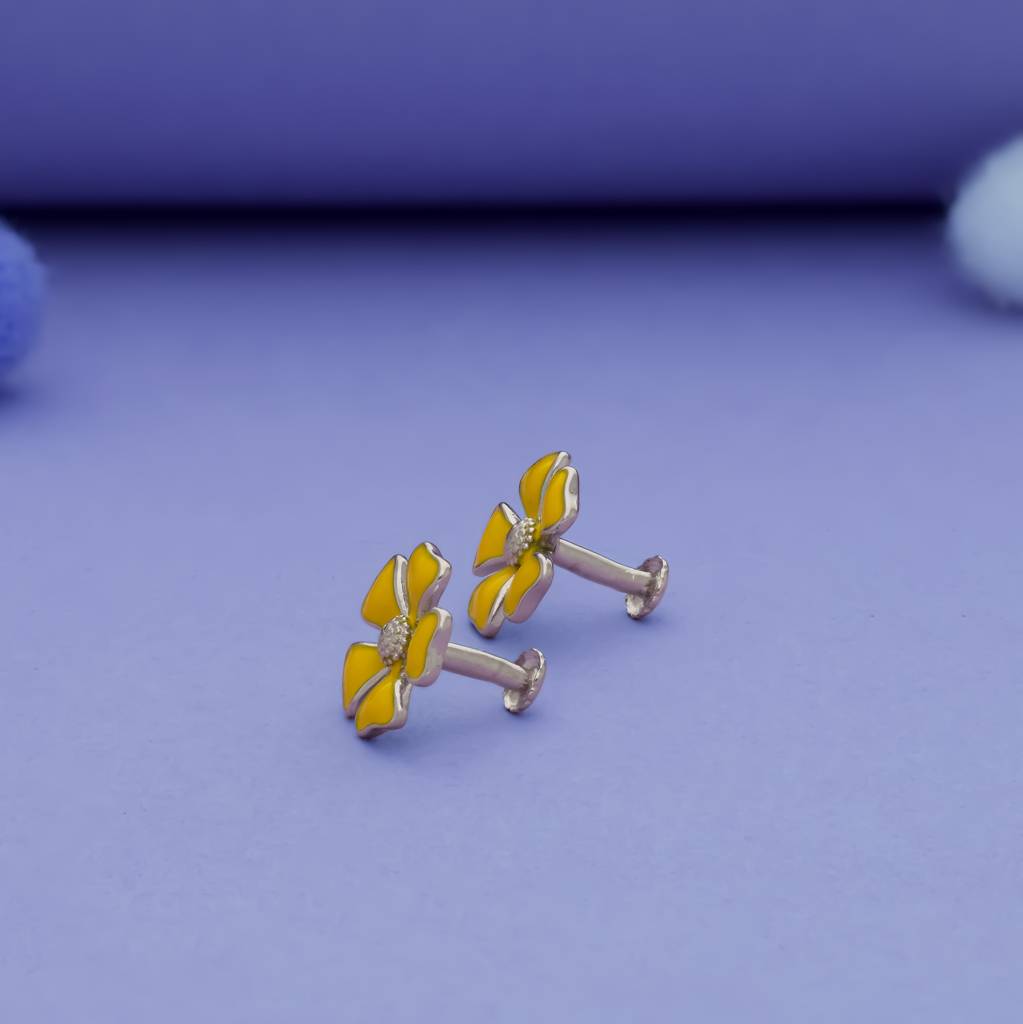 925 Sterling Silver Earrings For Baby Girl With Yellow Flower Design : KE-KS-RH-U-259-P