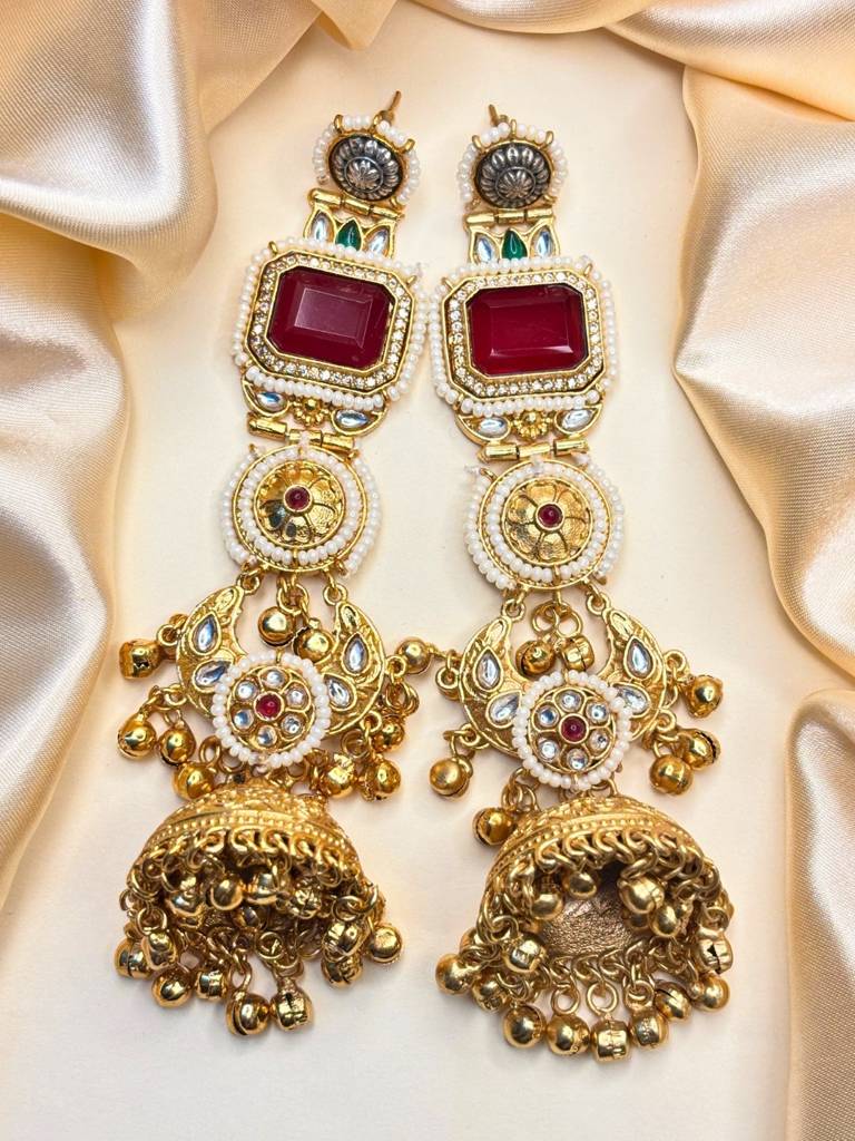 Gold-Plated Kundan And Stone Long Chandbali Jhumka Earrings : VI26EROX100342