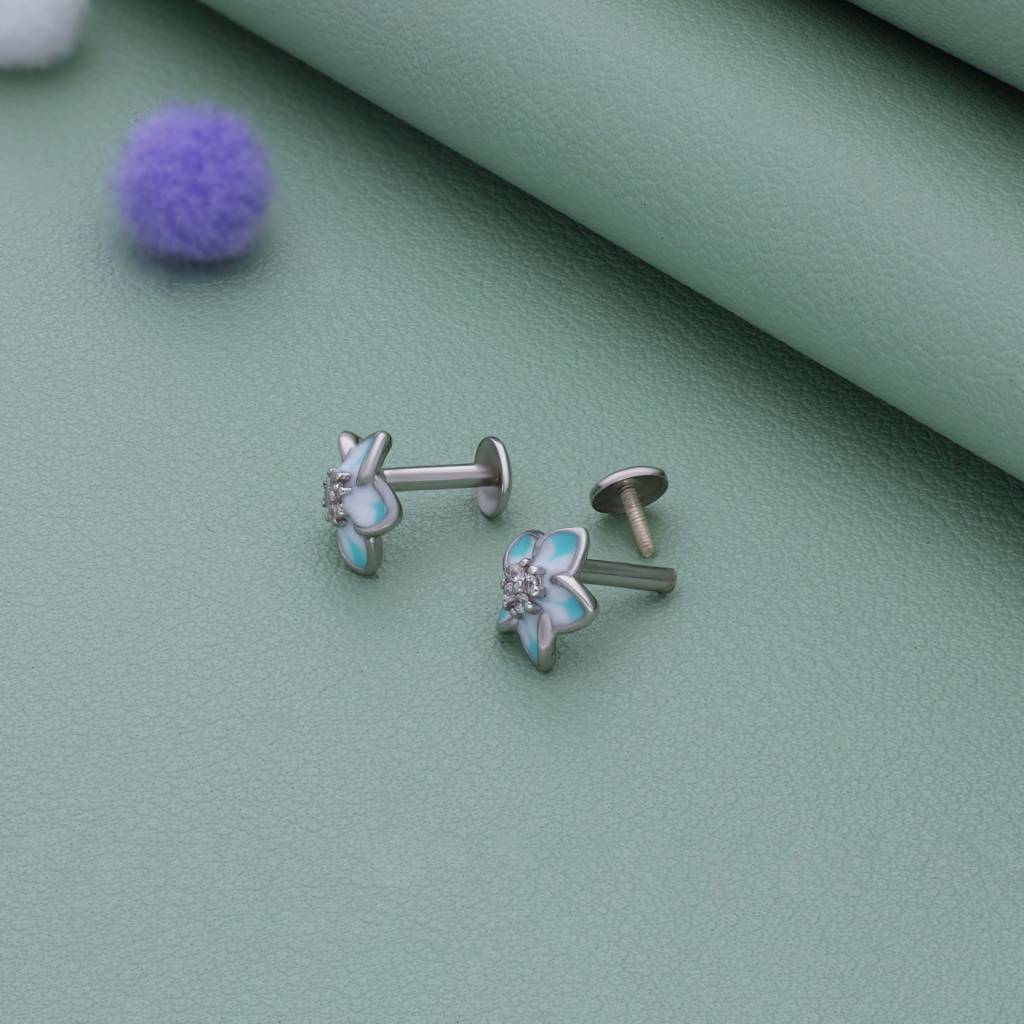 Blue Flower Butterfly 925 Silver Stud Earring : EA-ST-RH-A-163-P