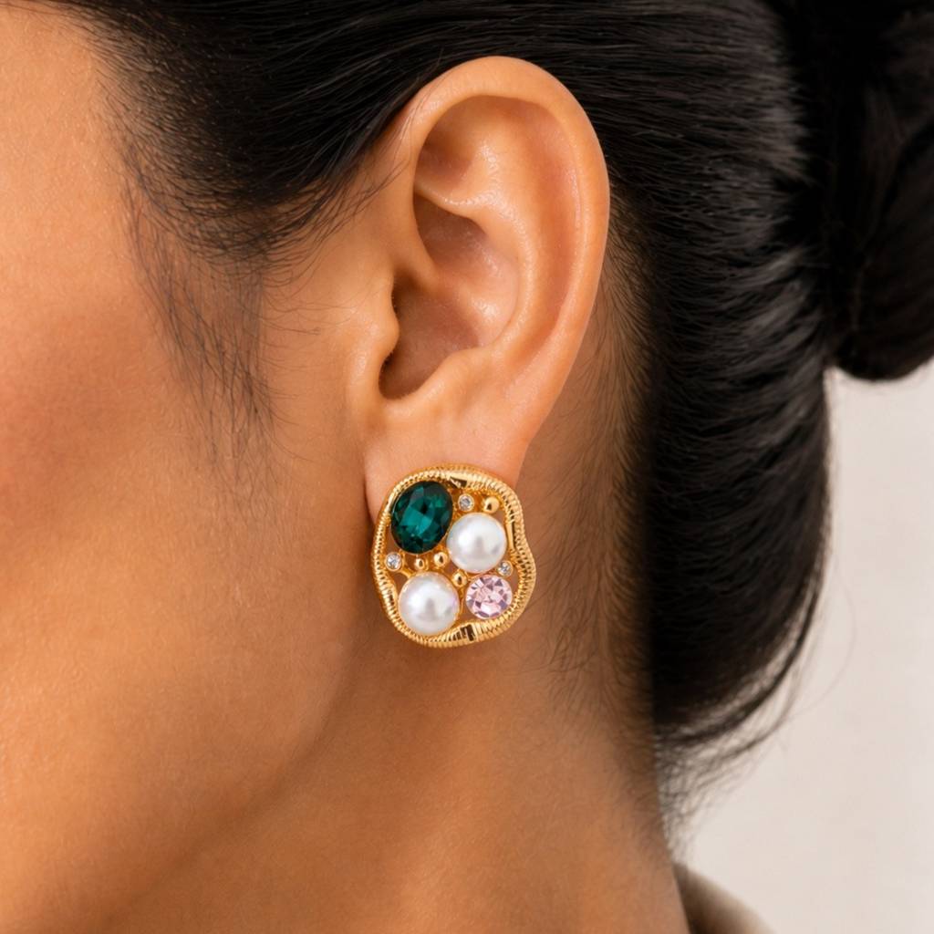 Emerald, Pearl & Pink Crystal Cluster Stud Earrings : RRAPR26AID-37