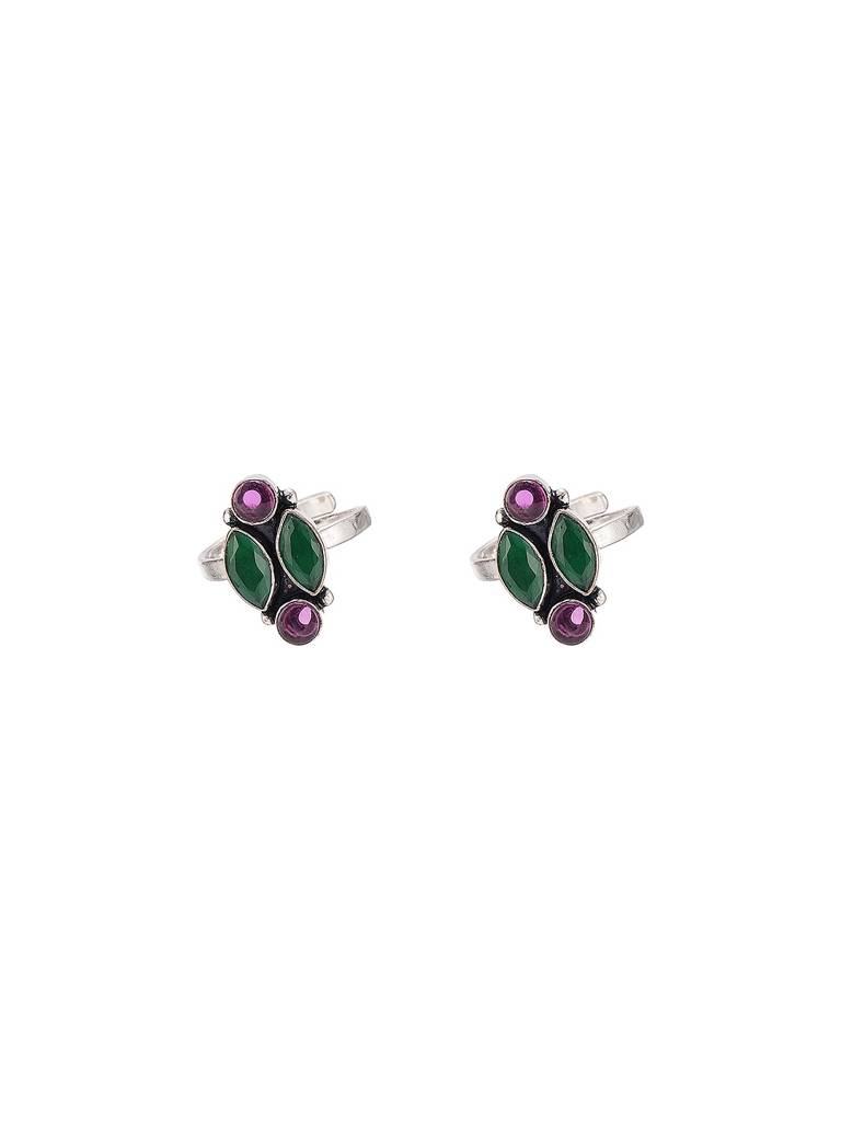 Silver Plated Oxidised Red & Green Stones Geometric Toe Ring : SJTR2880
