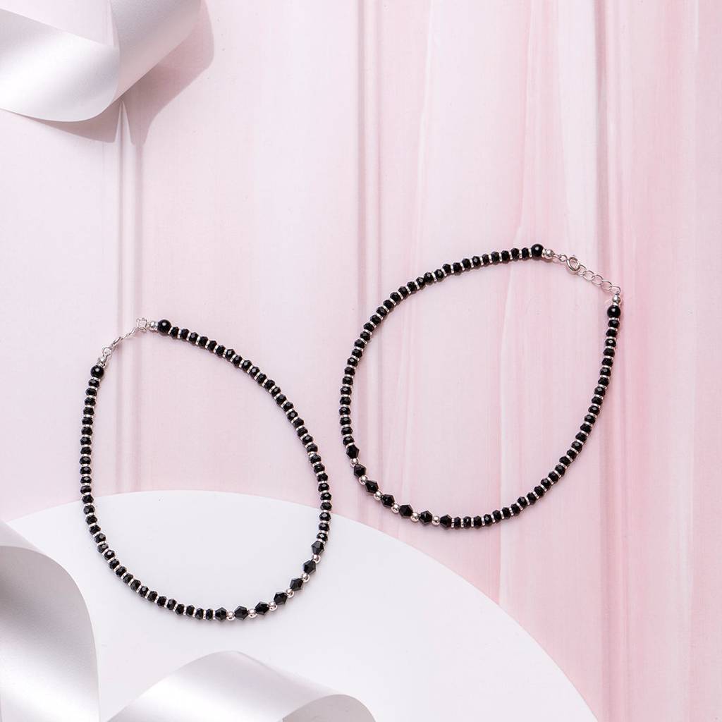 Black & White Beaded Stone 925 Sterling Silver Anklet : ANK-60085-PAIR