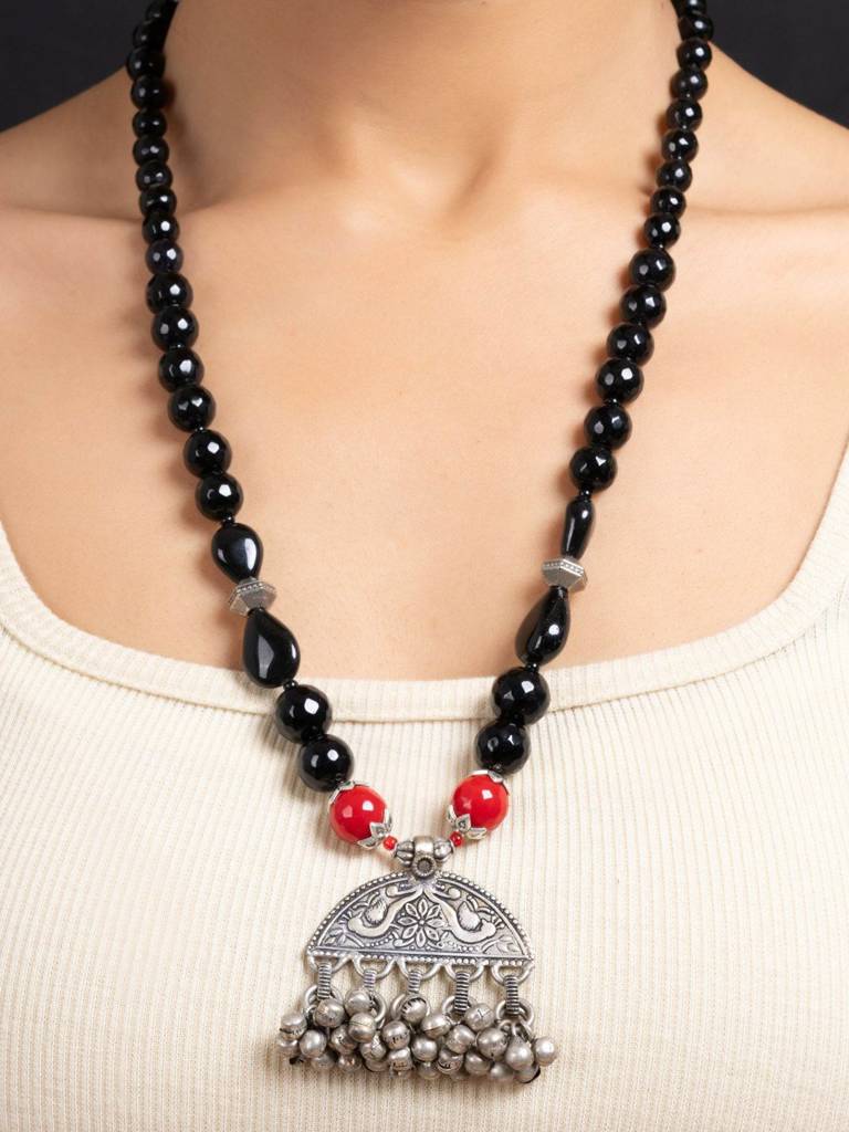 German Silver Ghungroo Pendant With Red Black Onyx Stones Necklace Set : LAANP74