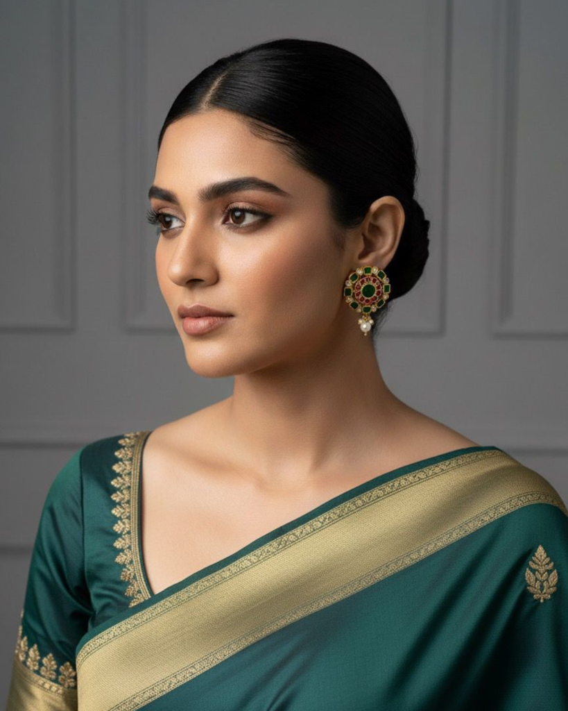 Emerald Ruby Kundan Round Studs With Pearl Drop : sis24