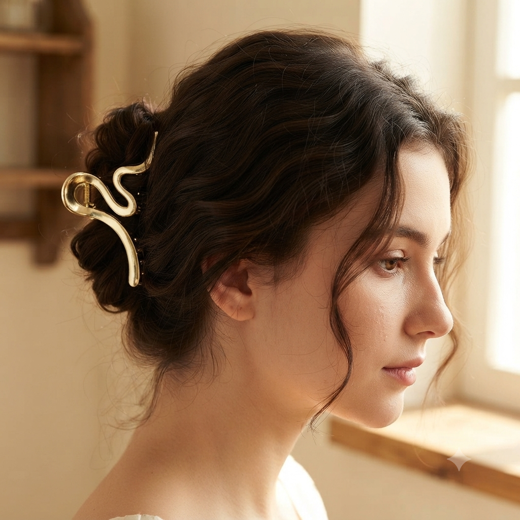 Gold Abstract Wave Hair Claw Clip For Women | Large Metal Hair Clip | Minimalist Non-Slip Hair Accessory : AST-HAIR-004