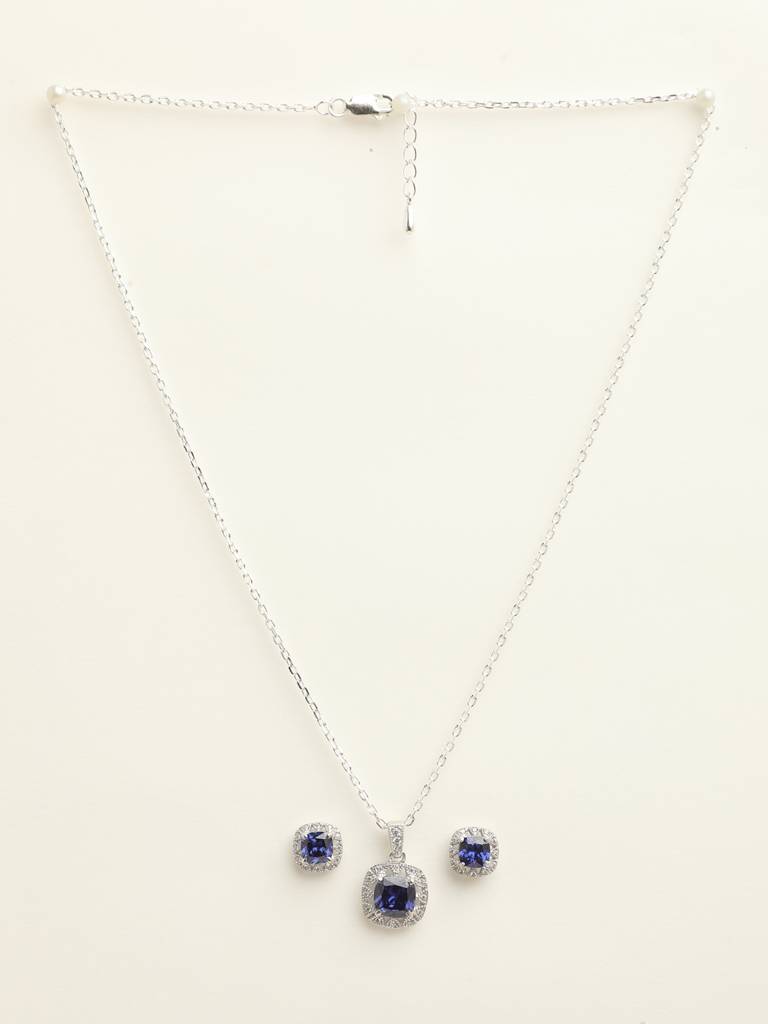 92.5 Sterling Silver Rhodium Plated Swiss Zirconia Royal Blue Cushion Pendant Earring Chain Jewellery Set Gif : CSCLRP2E2CU_BS