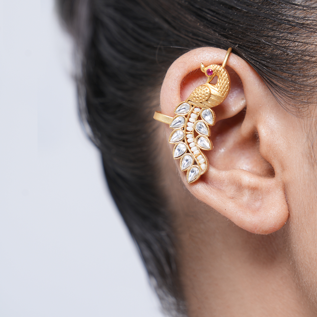 Designer White Kundan Peacock Earcuffs : CAO0196STM