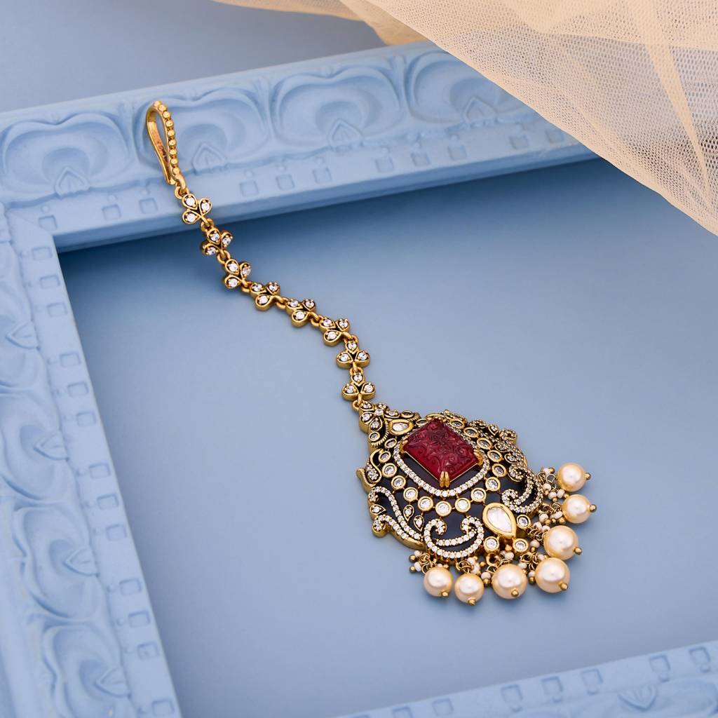 Royal! Gold Plated Garnet Pearl Kundan Tikka Pendant Head Hair Jewelry Traditional Indian Kundan Maang Tika- Gold Plated Pearl Head  main image 3
