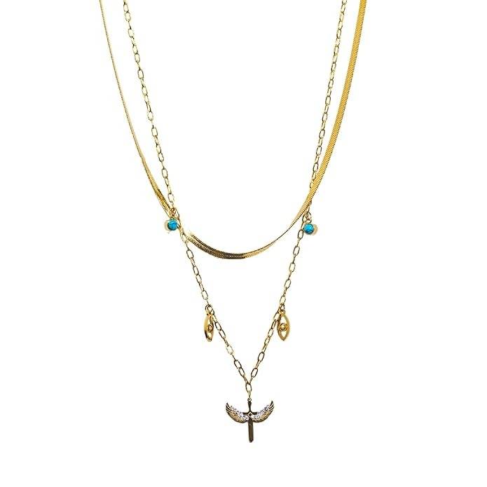 Gold Plated Double Layered Pheonix Eagle Pendant Necklace For Women : HSPANPD0IDSM0025