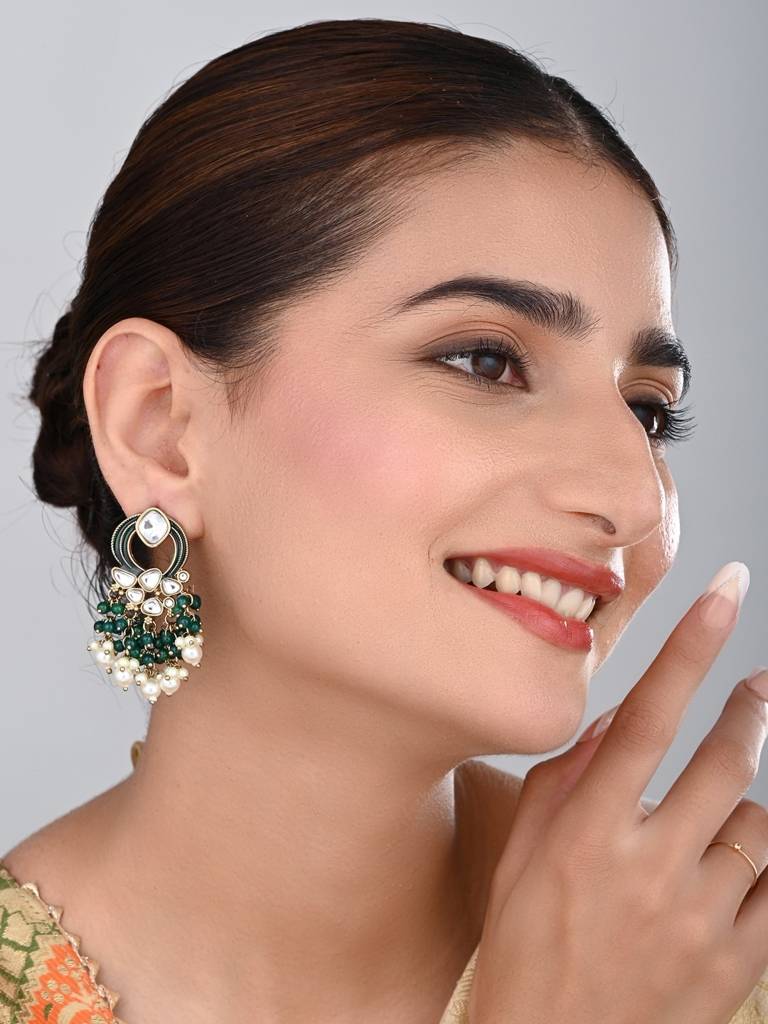 Gold-Plated Meenakari Stud Earrings With Kundan & Pearl Cluster Drops : S24FAER408GRN