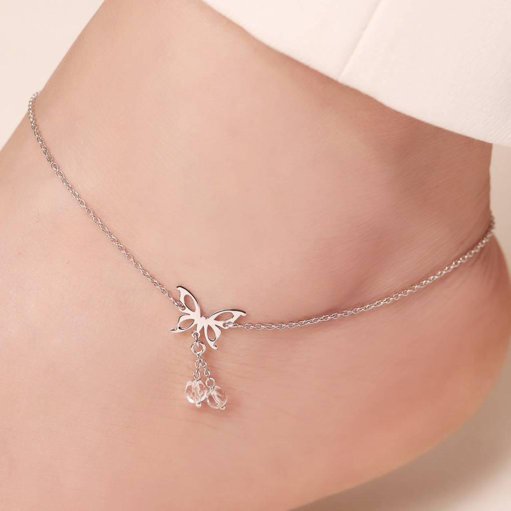 Fluttering Butterfly Dreams Rhodium-Plated 925 Sterling Silver Anklet : ANK-60366-PAIR-R