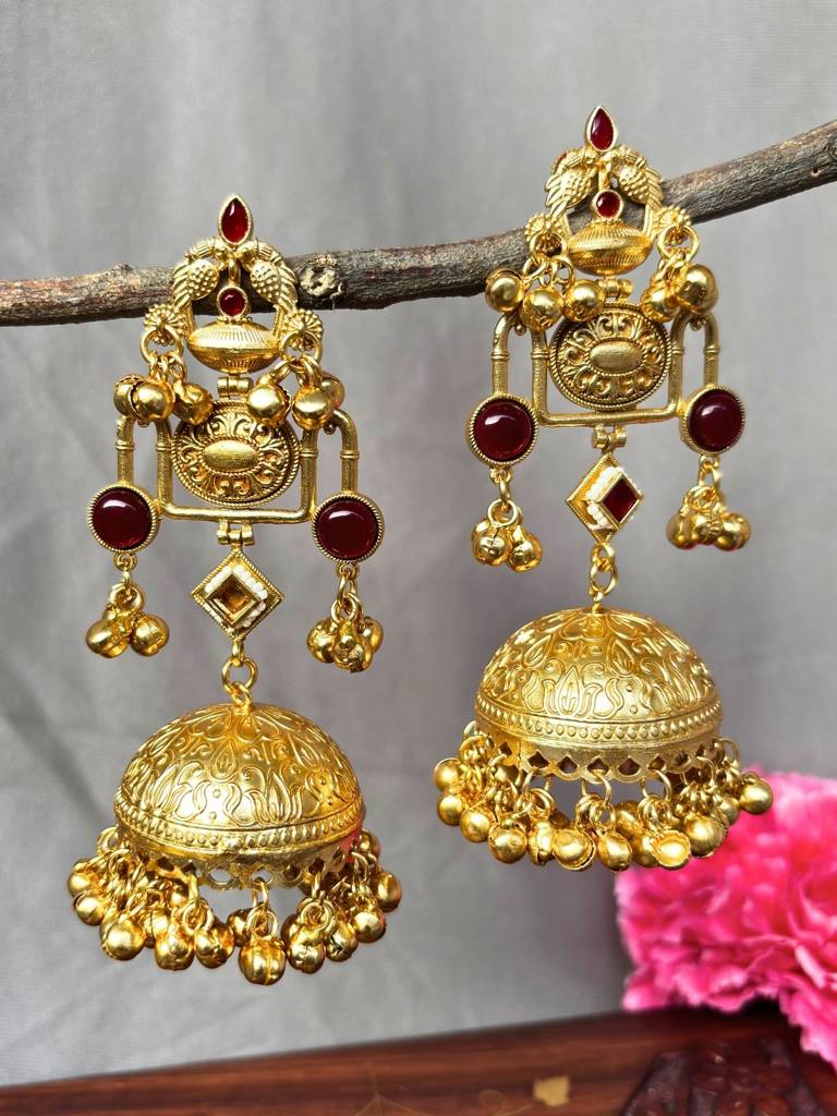 Gold Plated Red Contemporary Semi Precious Stone Peacock Shaped Jhumkas Earrings : VI25EROX100197