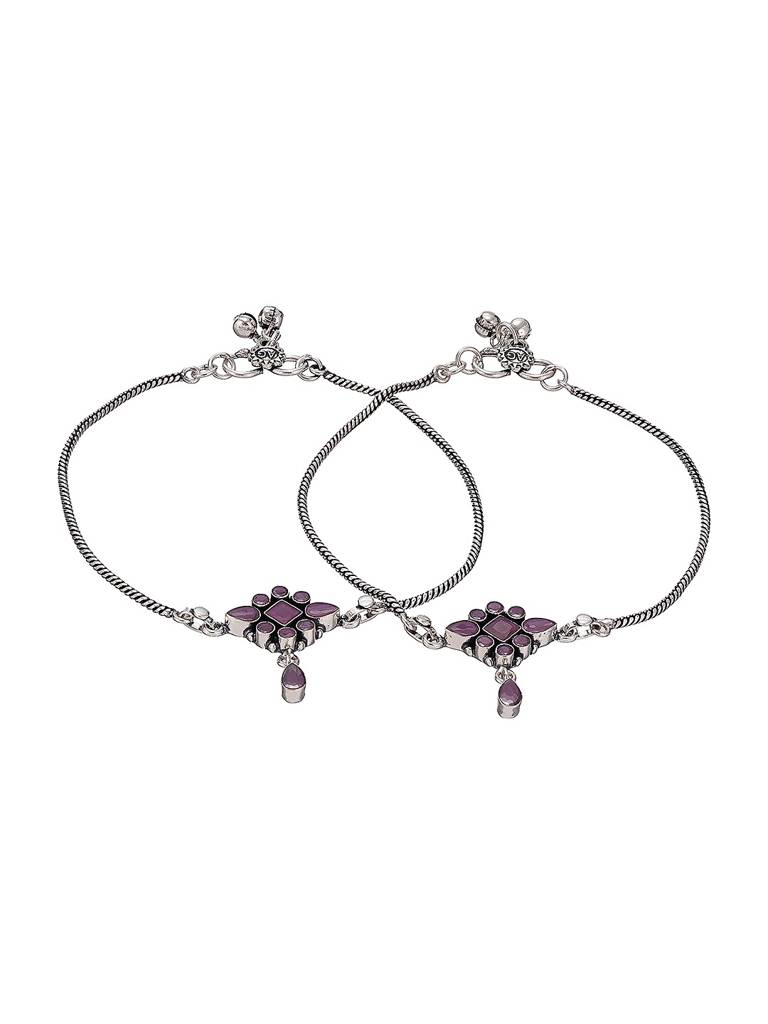 Silver Toned Pink Crystal Stones Embeded Geometric Charm Delicate Payal Anklet : SJPL2874