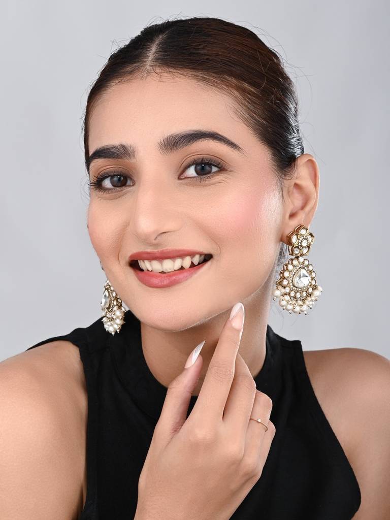 Gold Plated Kundan & Pearl Drop Earrings : S24FAER413GLD