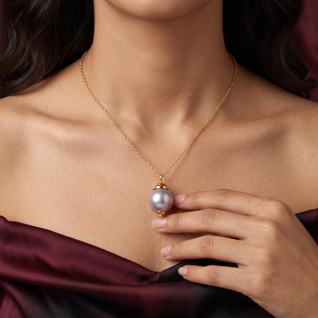 Gold Plated Brass Lavender Pearl Drop Pendant Necklace : SCDELPS0473