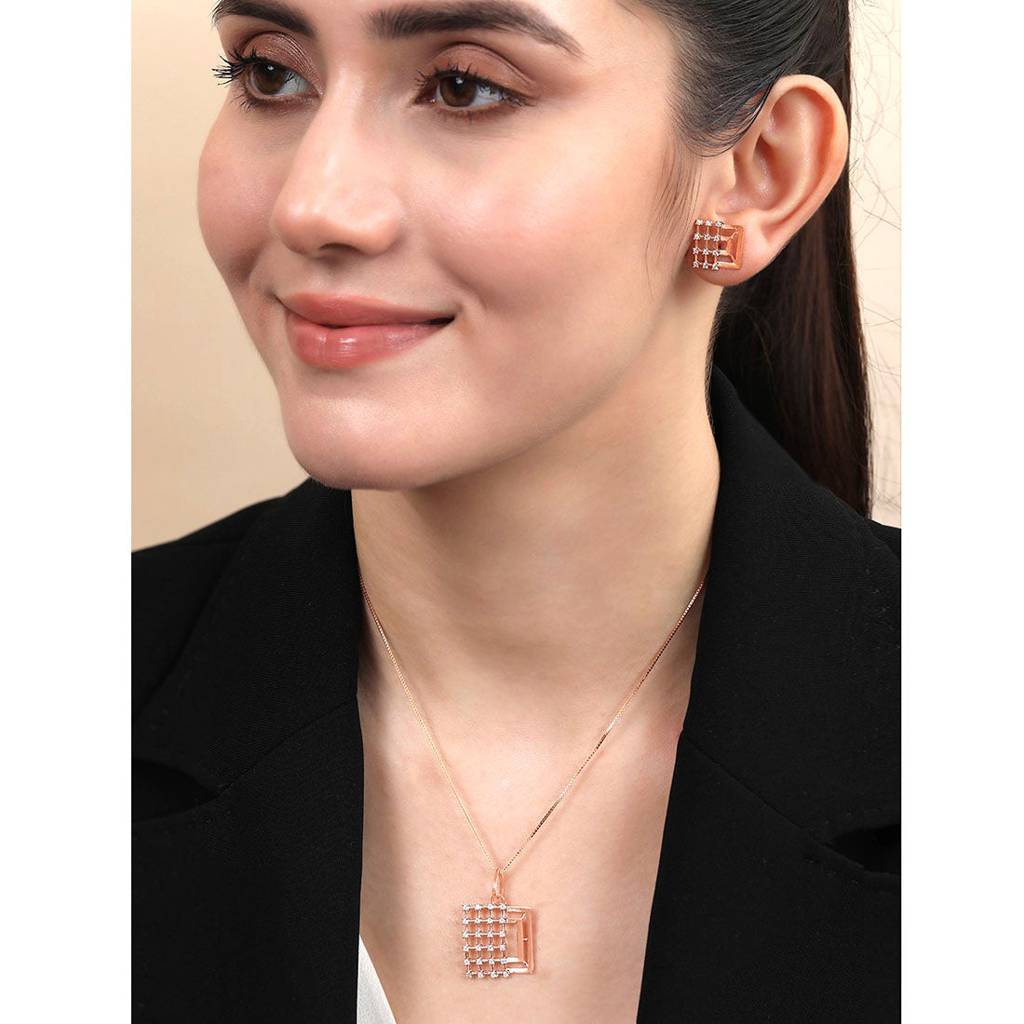Square Chic Rose Gold Plated 925 Sterling Silver Jewelry Set : JS-70195-C-RG