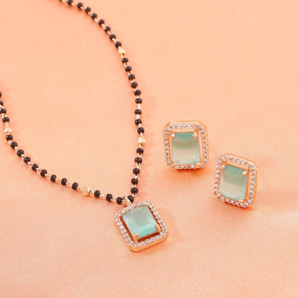 Estele Rose Gold Plated Cz Graceful Mangalsutra Necklace Set With Mint Green Stone For Women