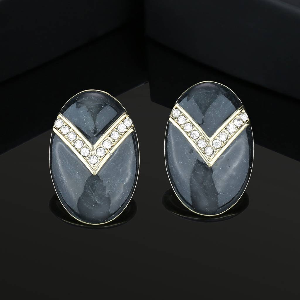 Estele Gold Plated Enamel With White Crystal Stud Earring For Women : 671712GT-BKER
