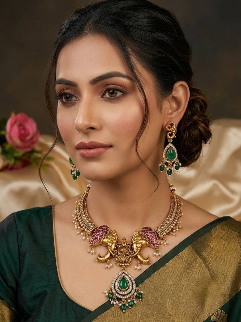 Gold-Plated Green Stone-Studded Temple Hasli Necklace Jewellery Set : VI26JSTJ100011