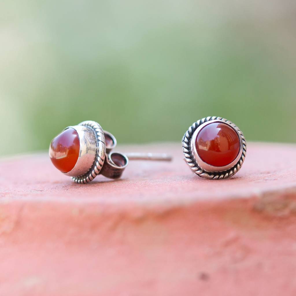 925 Sterling Silver Carnelian Stud Earrings For Women | Minimal Gemstone Eartops For Daily Wear : FU-0797