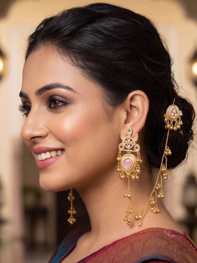 Gold-Plated Premium Kundan Red Stone-Studded Kan Chain Earrings : VI26EROX100370