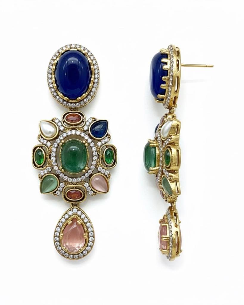 Navratna Mosaic Drop Earrings (Two-Tone Kundan Look) : sis44