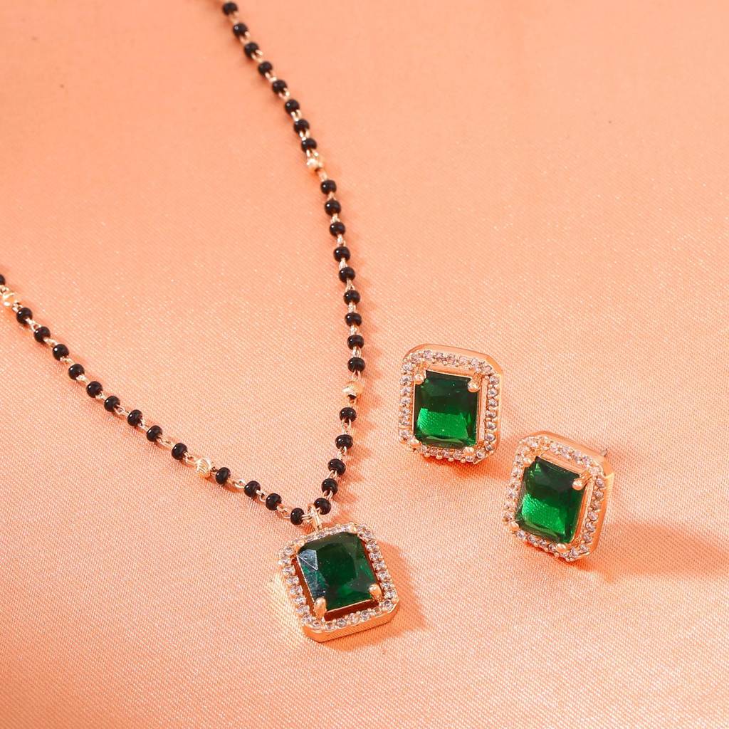 Estele Rose Gold Plated Cz Square Mangalsutra Necklace Set With Emerald Stone For Women