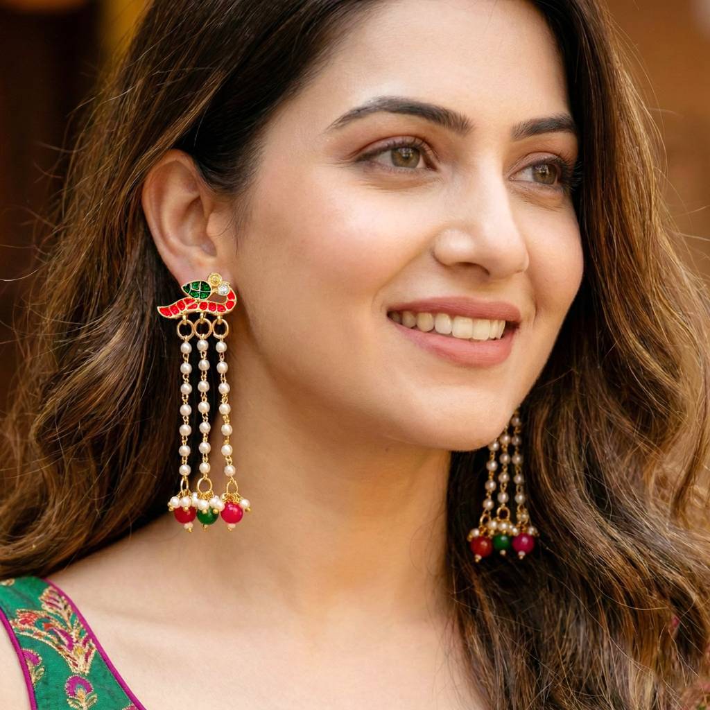 Gold Plated Enamel Bird Design Moti Drop Long Earrings With Magenta & Green Beads Earring : 225-KEG-9881-RG