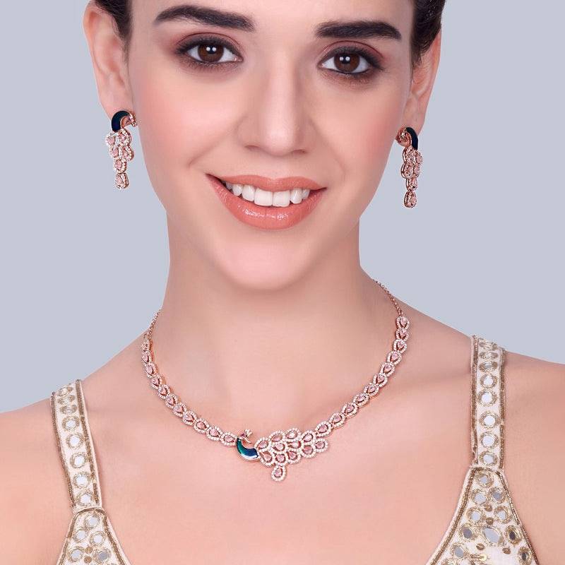 Peacock Accent Cz Sparkle Necklace Set | Rose Gold Plated | Party & Festive Glam : AD-918-RGMPNKER